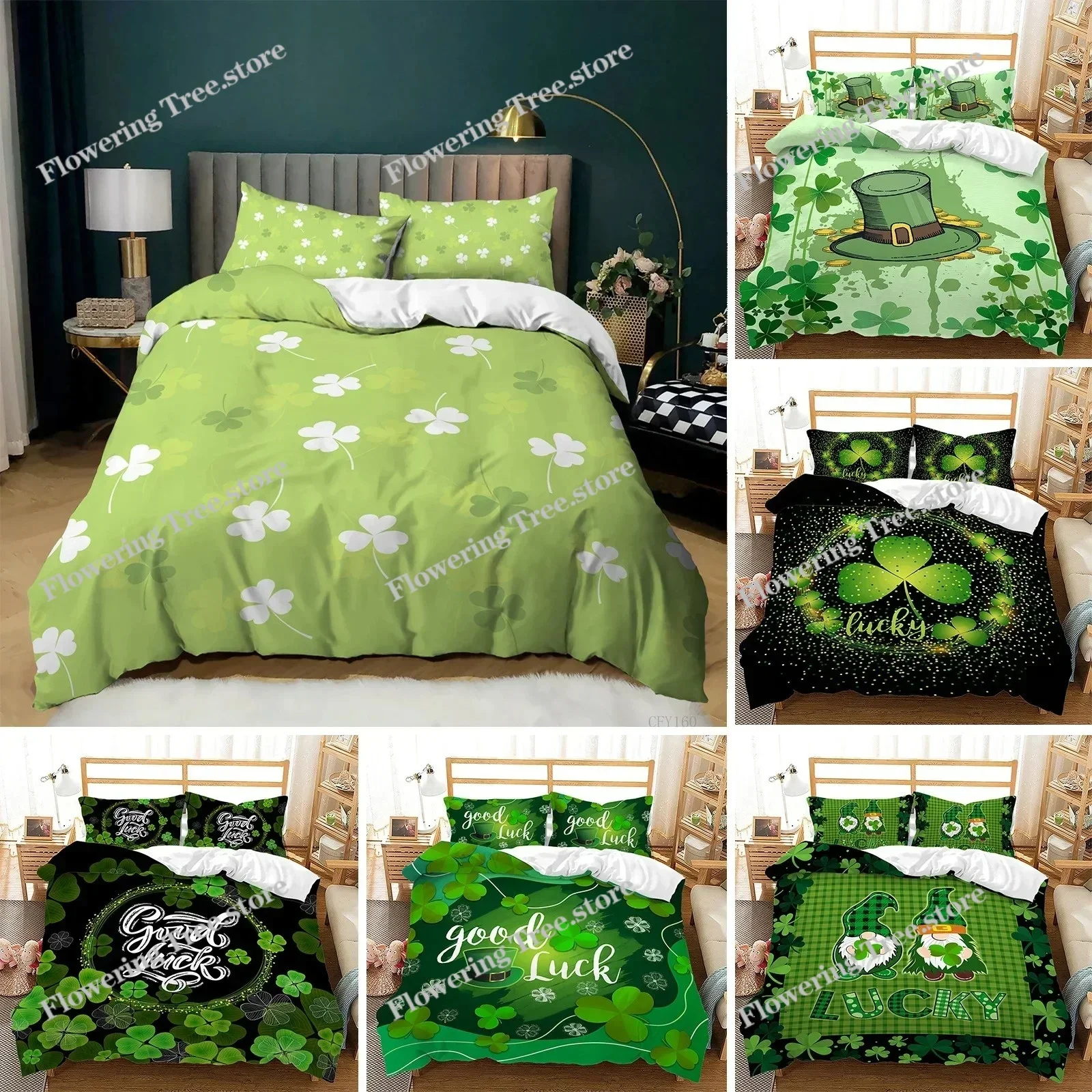 

Lucky Green Leaves King Queen Duvet Cover Four Leaf Shamrock Clover Bedding Set Irish Culture Soft Polyester Quilt Cover