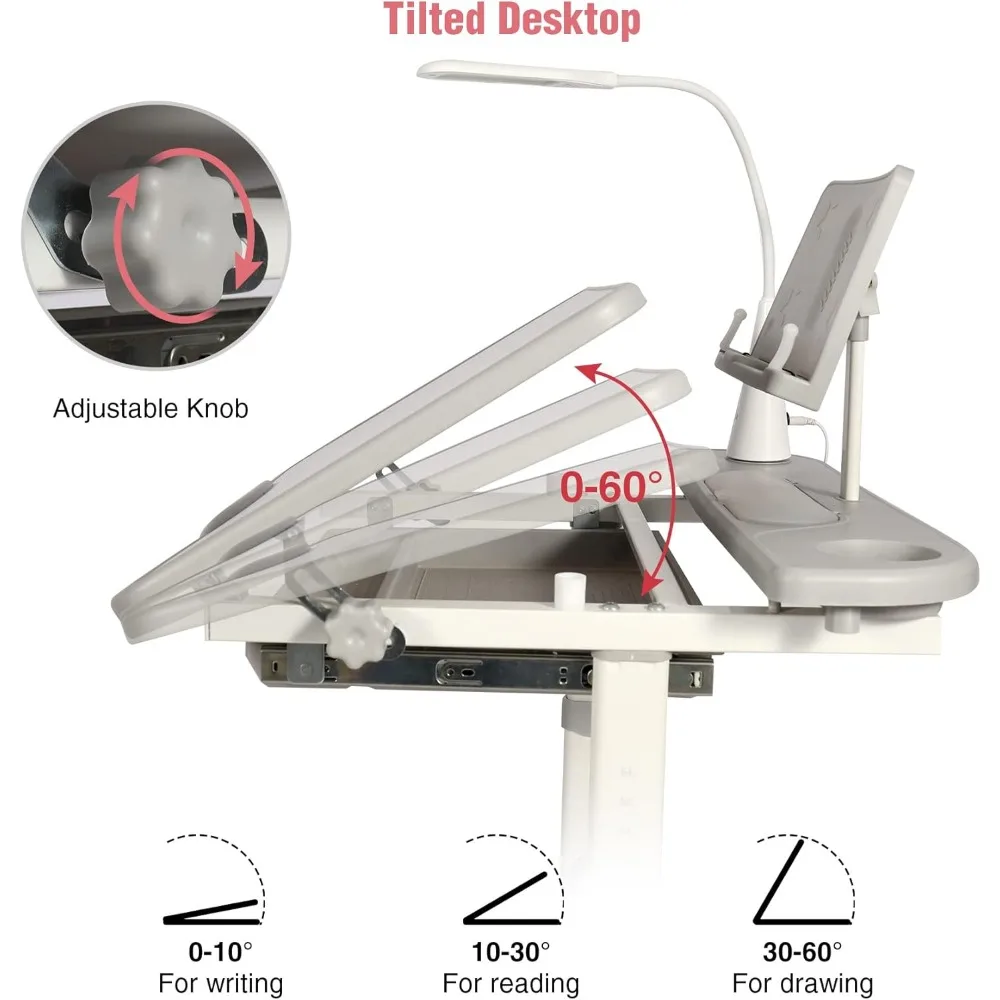 طقم مكتب وكرسي للأطفال قابل للتعديل للارتفاع للدراسة المنزلية مع مساحة تخزين وإضاءة LED وحامل أكواب وحامل كتب