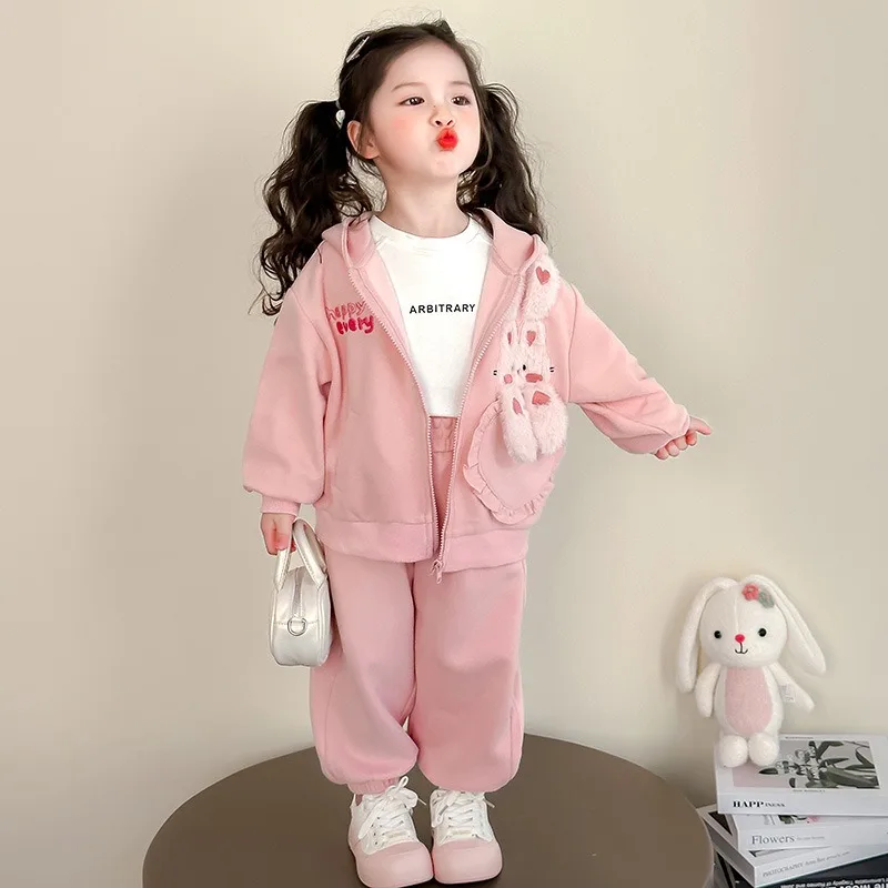 

Костюм для отдыха для девочек от 2 до 12 лет, весна 2024, новый стиль, детское пальто с капюшоном и заячьими ушками + брюки до щиколотки для девочек, 2 комплекта, 90-140 см