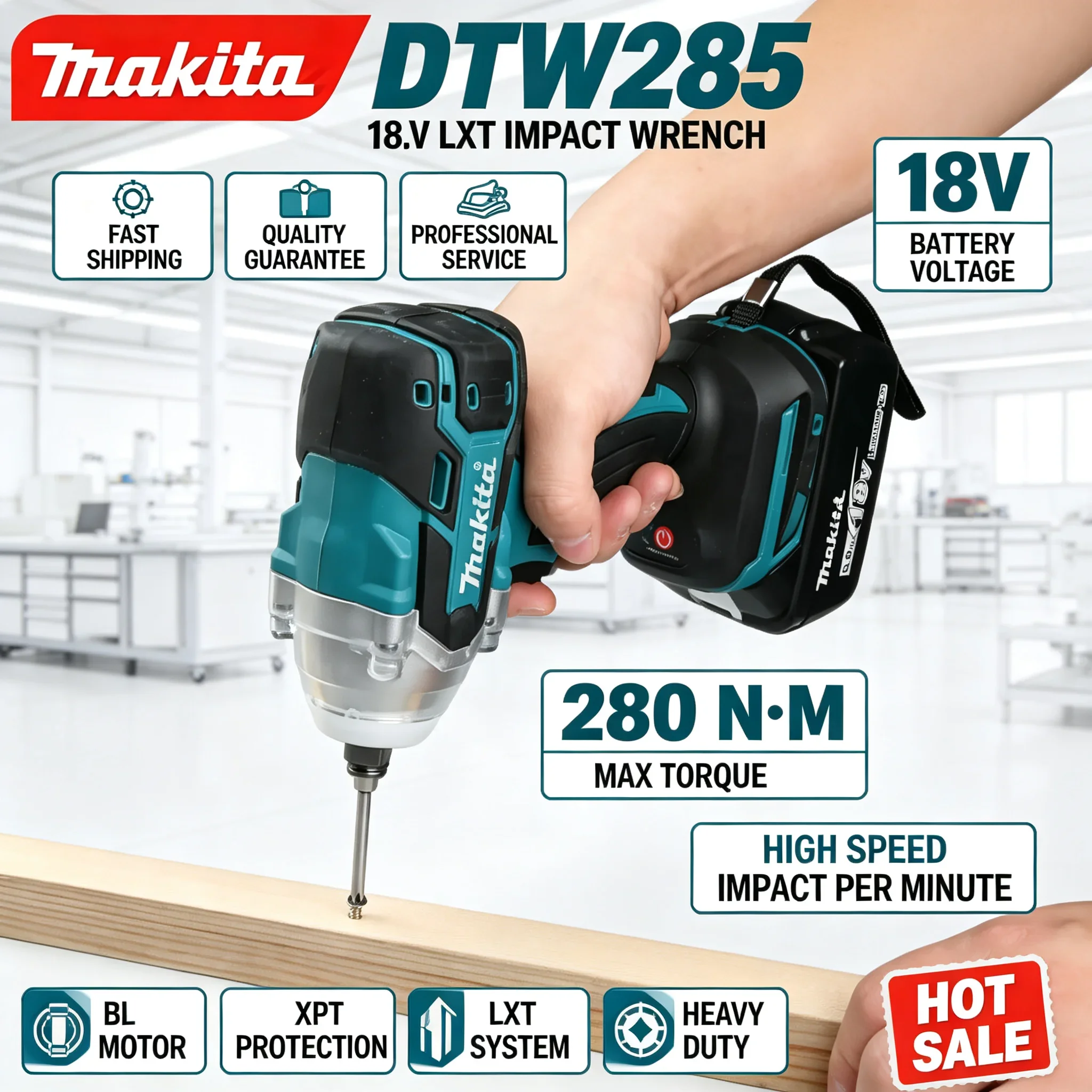 Makita DTW285 Cordless BL Impact Wrench 300N.M High Torque Rechargeable Power Tool, 1/2 Square Drive Fit 18/20V Battery