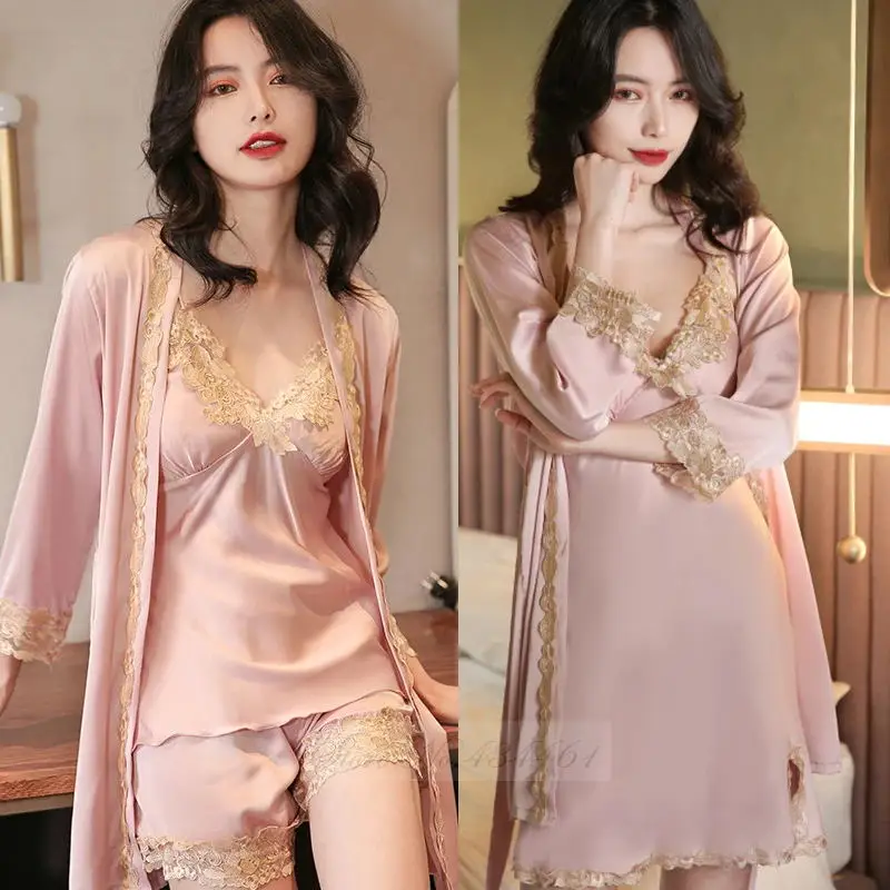 Bride Wedding 5PCS Pajamas Robe Set Sexy Burgundy Lace Trim Nightgown Sleepwear Loose Casual Satin Pyjama Pour Femme Lounge Wear