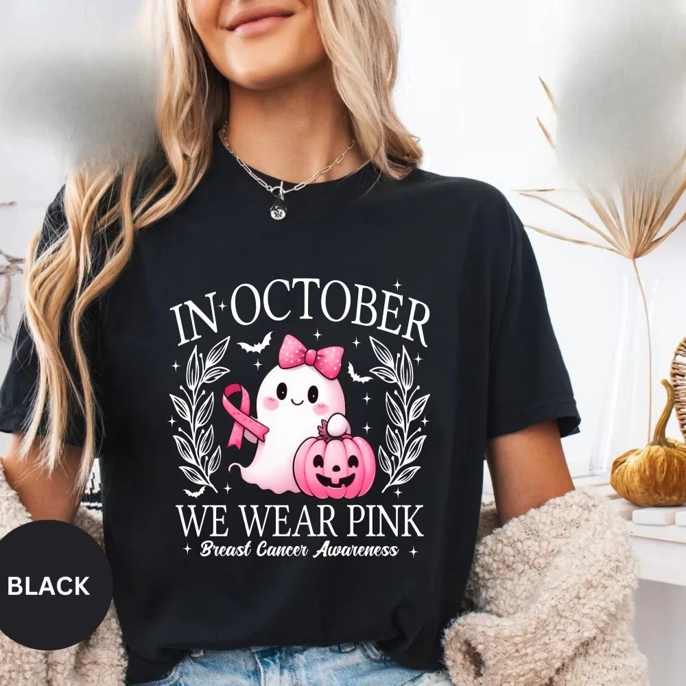Pink Ghost T-Shirt zur Brustkrebs-Aufklärung, Halloween, Damen, Herren, Sommer, Baumwolle, Grafik-T-Shirts, Oberteile für Erwachsene, T-Shirt mit kurzen Ärmeln – Detail 6
