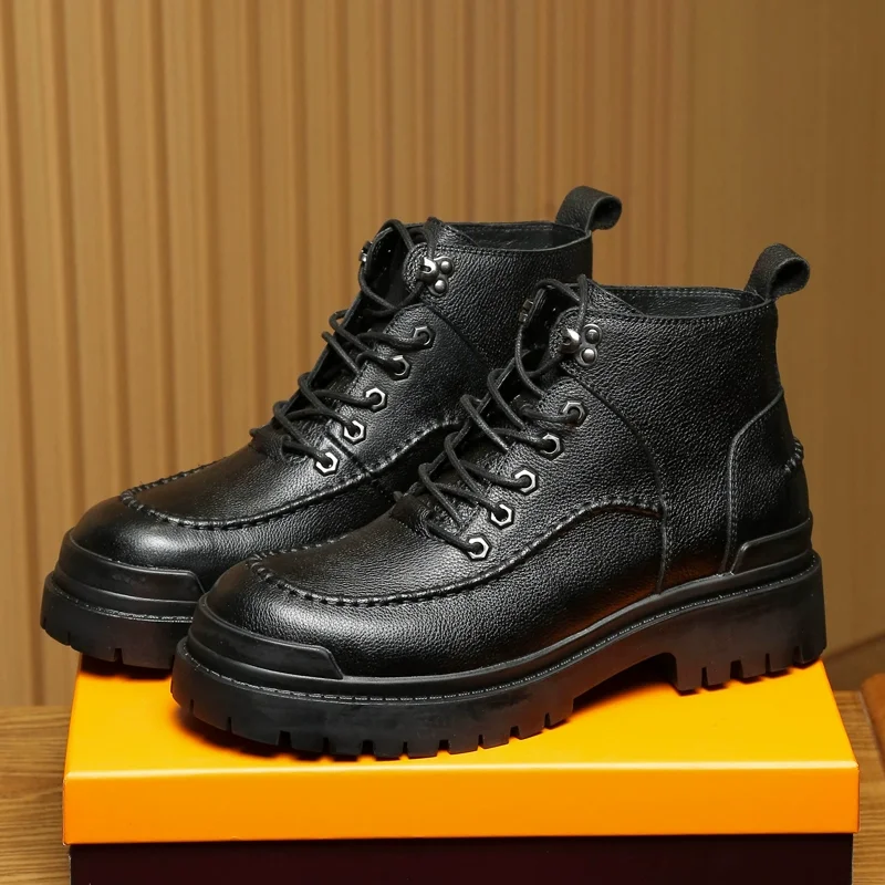 Black Genuine Leather Ankle Boots Me High End Lace Up Thick Bottom Non-slip British Style Work Chelsea Boots Male Shoes