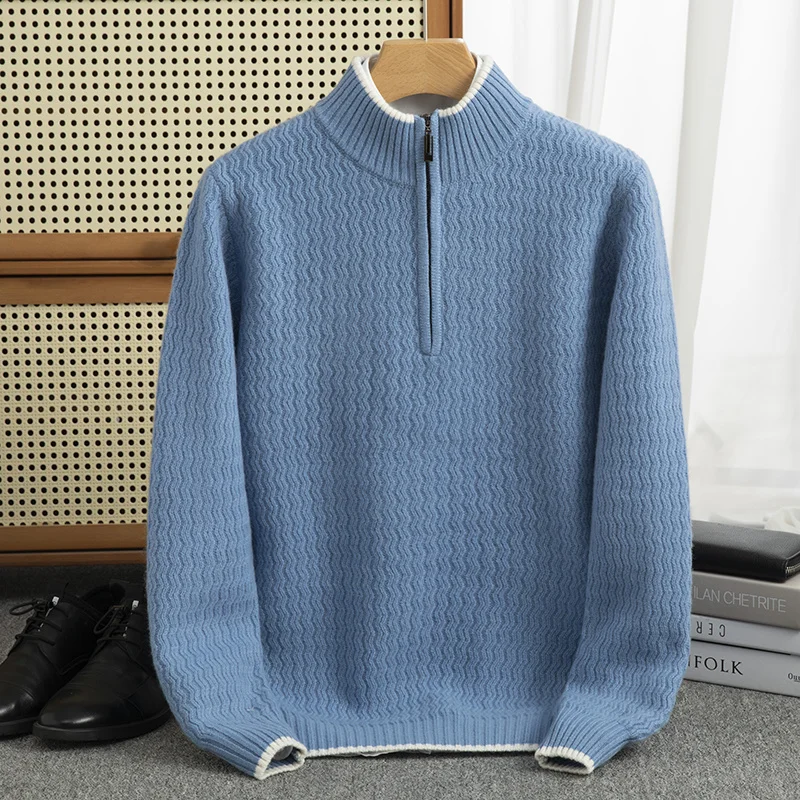 Half zip Autumn/Winter new 100% Merino wool pullover Cashmere sweater Men's half turtleneck pullover warm bottom knit shirt top