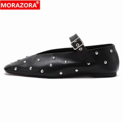 MORAZORA 2024 New Genuine Leather Shoes Women Flats Brand Crystal Buckle Mary Janes Flat Shoes Ladies Spring Summer Footwear