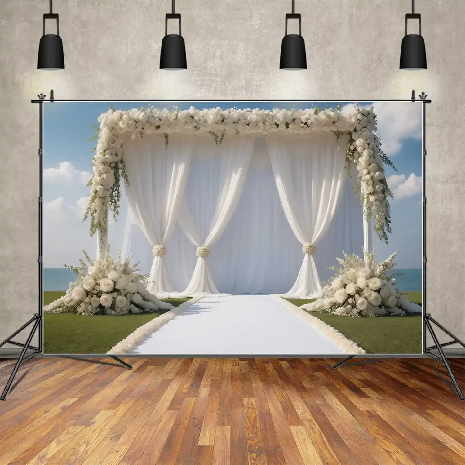 Mon.qg ฉากหลังสำหรับพิธีฤดูใบไม้ผลิสำหรับการถ่ายภาพสนามหญ้างานแต่งงานม่านฉากหลังรูปภาพงานปาร์ตี้ปรับแต่งช่อดอกไม้ขนนก