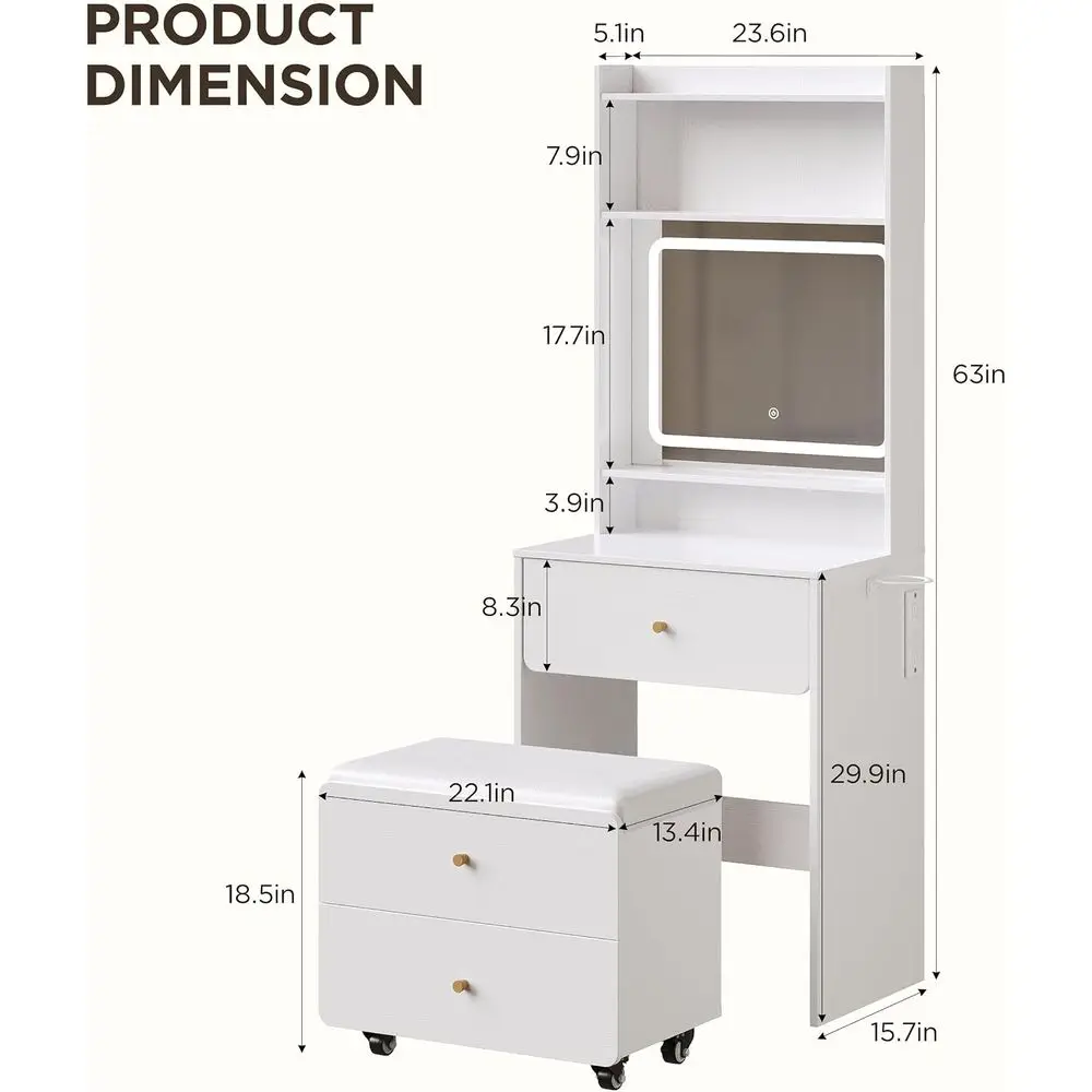ameill Women White Vanity Desk,23.6” Small Vanity Desk with Mirror and Lights,3 Color es & Adjustable Brightn,Compact Dring Tabl