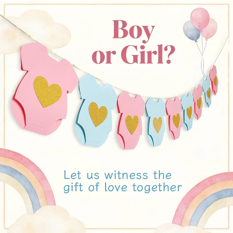 1pc Gender Revealing Banner Pink And Blue Heart Jumpsuit String Flag Baby Shower Birthday Holiday Background Decoration Supplies
