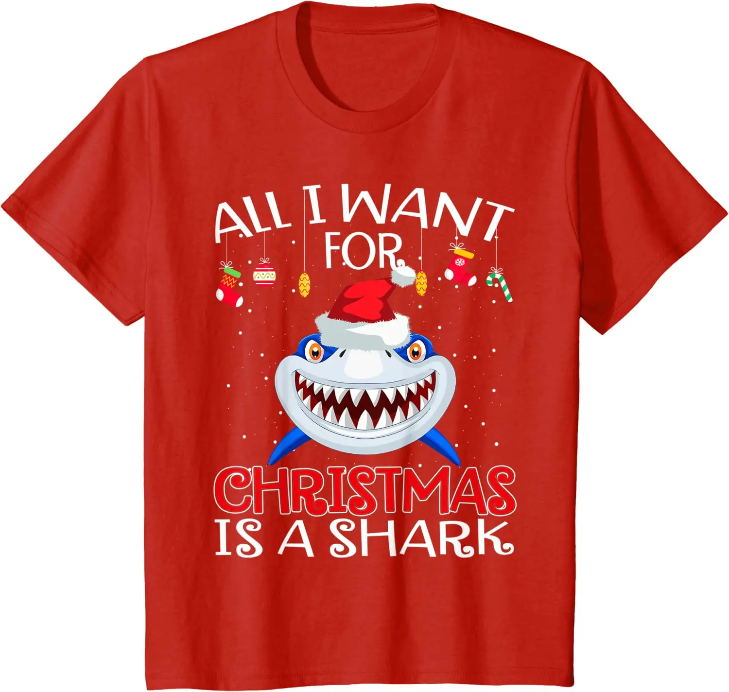 All I Want For Christmas Is A Shark. Funny Shark แฟน Xmas ของขวัญเสื้อยืด100% ฝ้าย O-คอสั้นเสื้อลำลองลำลองบุรุษเสื้อยืด