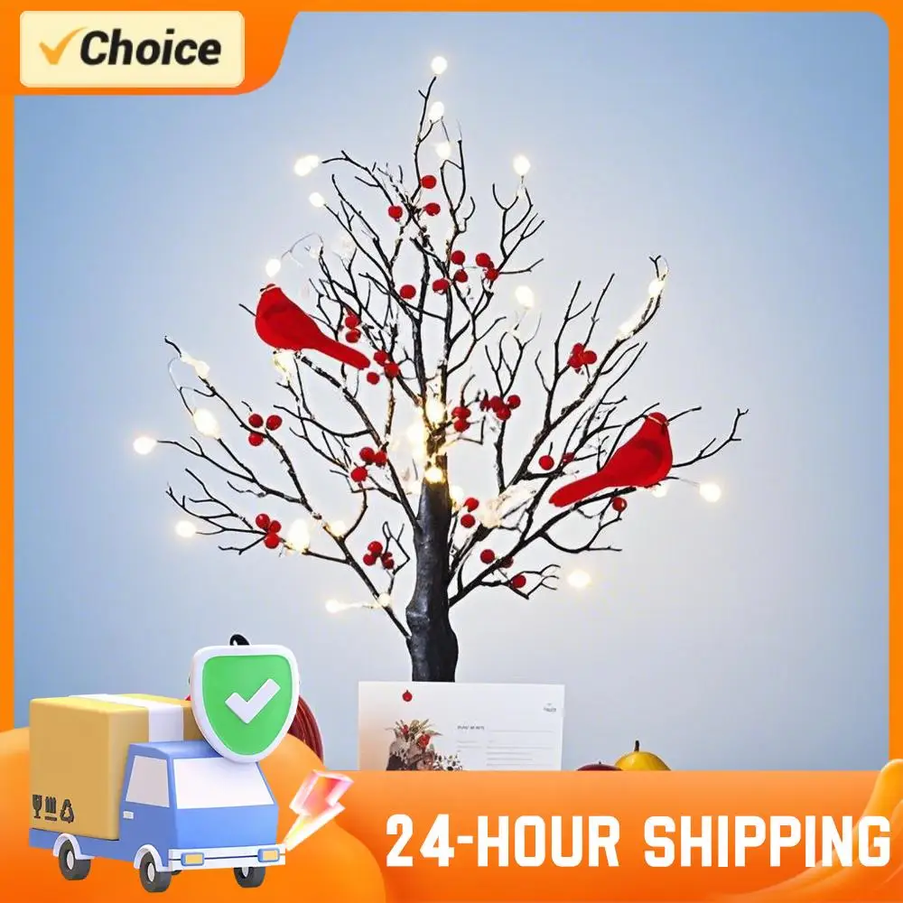 1-2 قطعة شجرة متوهجة خمر مع الكرادلة شجرة الطيور الحمراء ضوء شجرة وميض مصباح ل الطاولة محور عيد الميلاد ديكور المنزل الداخلي #1