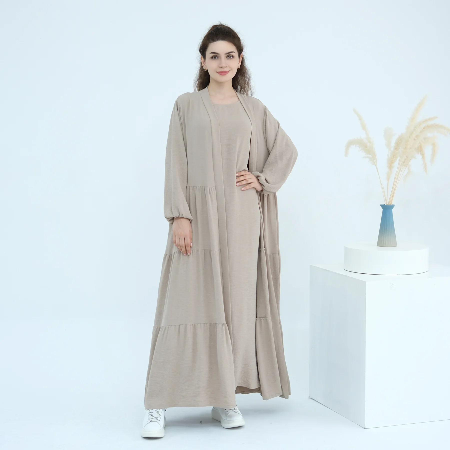 

Turkey Solid Color Robe Dress Muslim Women High Waist Dubai Two-piece Set Loose Open Cardigan Dress Abaya