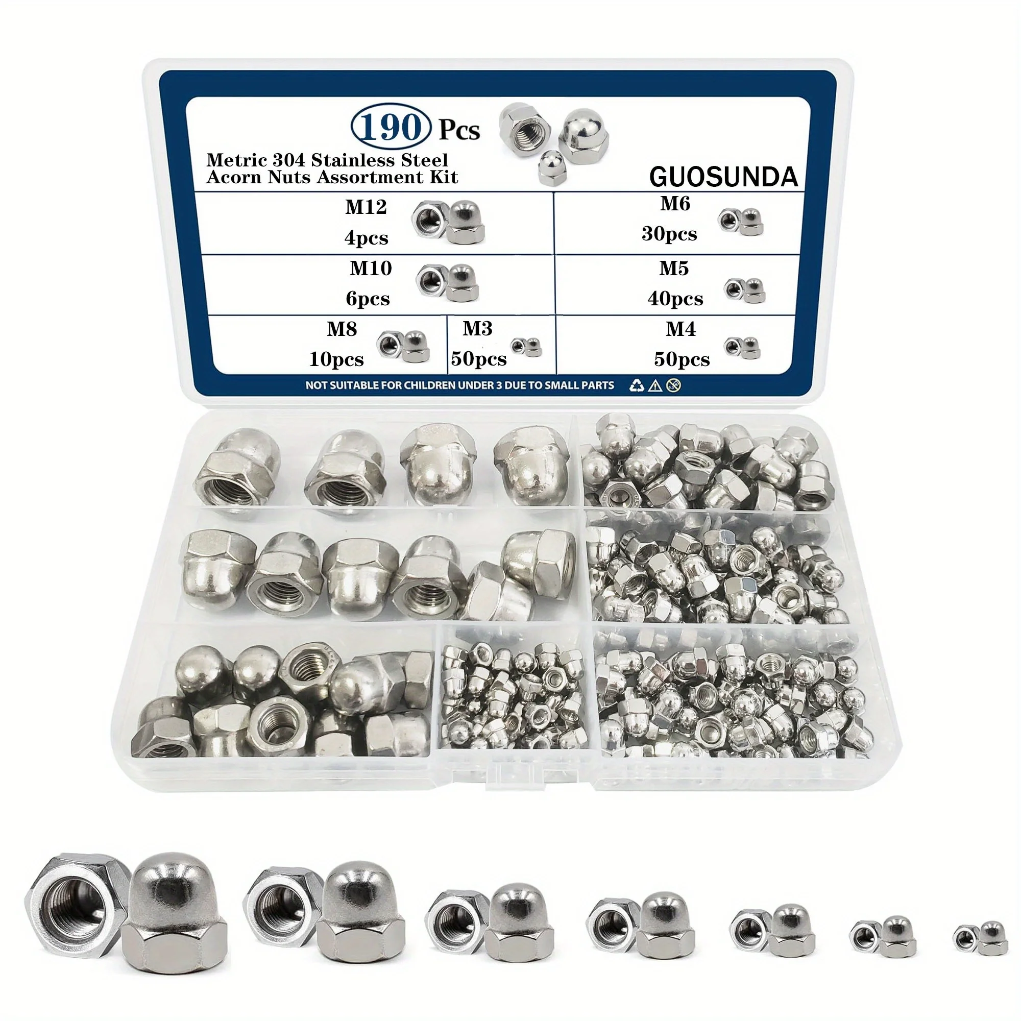 GOSUNDA 304 Stainless Steel Cap Nut Combination Kit (190 Pieces), M3 M4 M5 M6 M8 M10 M12 Metric Hex Cap Nut Set, Bolt Cap Nut