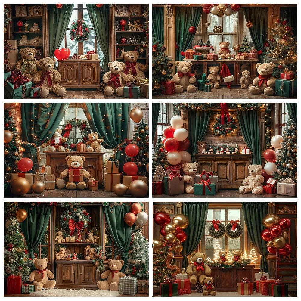 

Christmas Photography Background Window Cute Bear Gifts Glitter Xmas Tree Kids Family Portrait Decor Backdrop Photo Studio Props