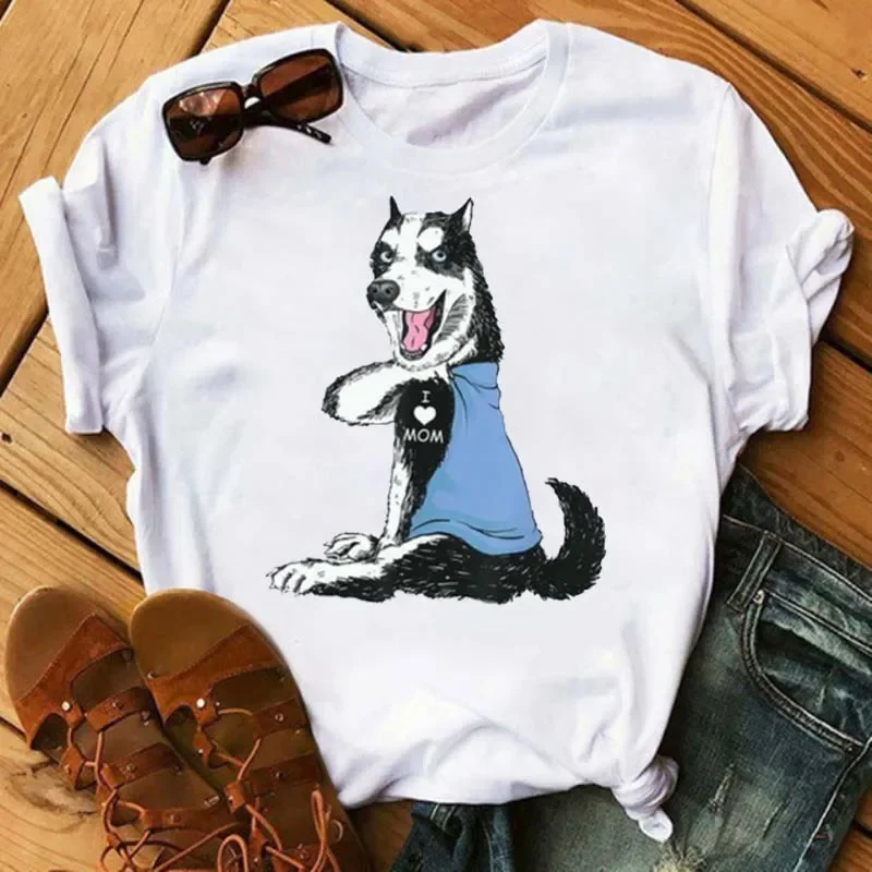 

“I Love Mom”Puppy T-shirt, Casual Short Sleeve Crew Neck Top for Spring & Summer, Women's Plus Size Clothing