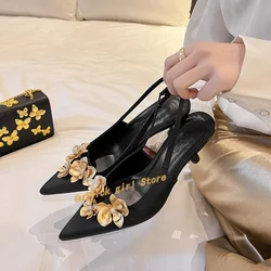 Floral Black Satin Women Pumps Stiletto Thin High Heel Slip On Fashion 2024 Spring Summer Dress Wedding Shoes Elegant