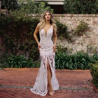 Sexy Illusion Tulle Applique Wedding Dress Deep V-Neck Sleeveless Mermaid Floor Length Straight Bridal High Quality Gowns