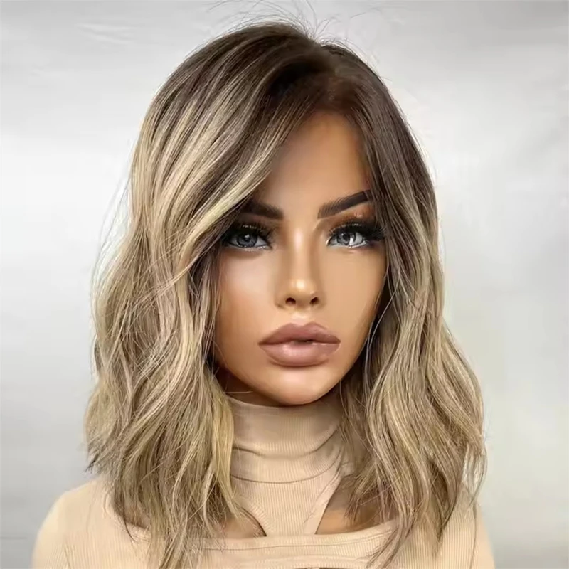 

12 Inch Ombre Blonde Brown Heat Safe Lace Front Synthetic Wig Free Part For Women Short Wave Bob Natural Looking With Baby Hair