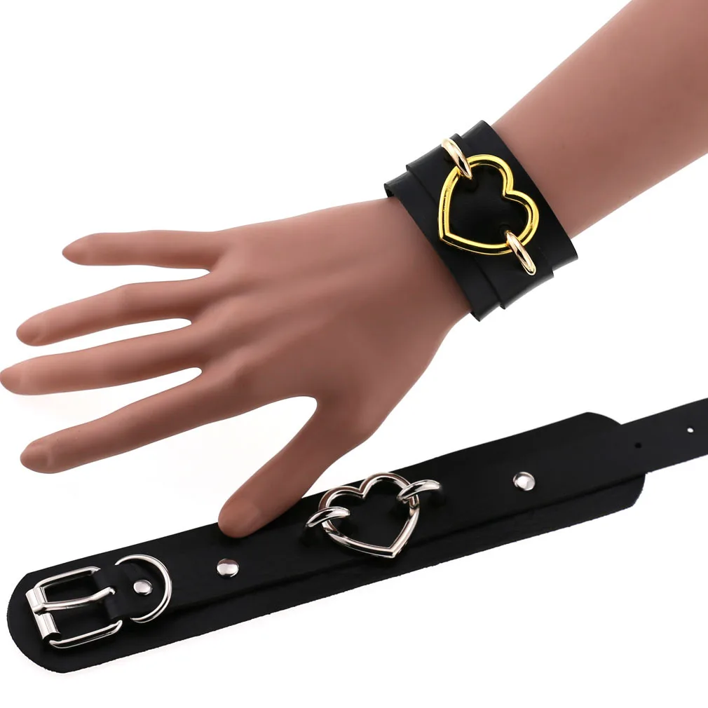20 Colors Gold Silver Color Metal Hollow Heart Matching Bracelets For Women Hip Hop Rock Punk PU Leather Bracelet Gothic Jewelry