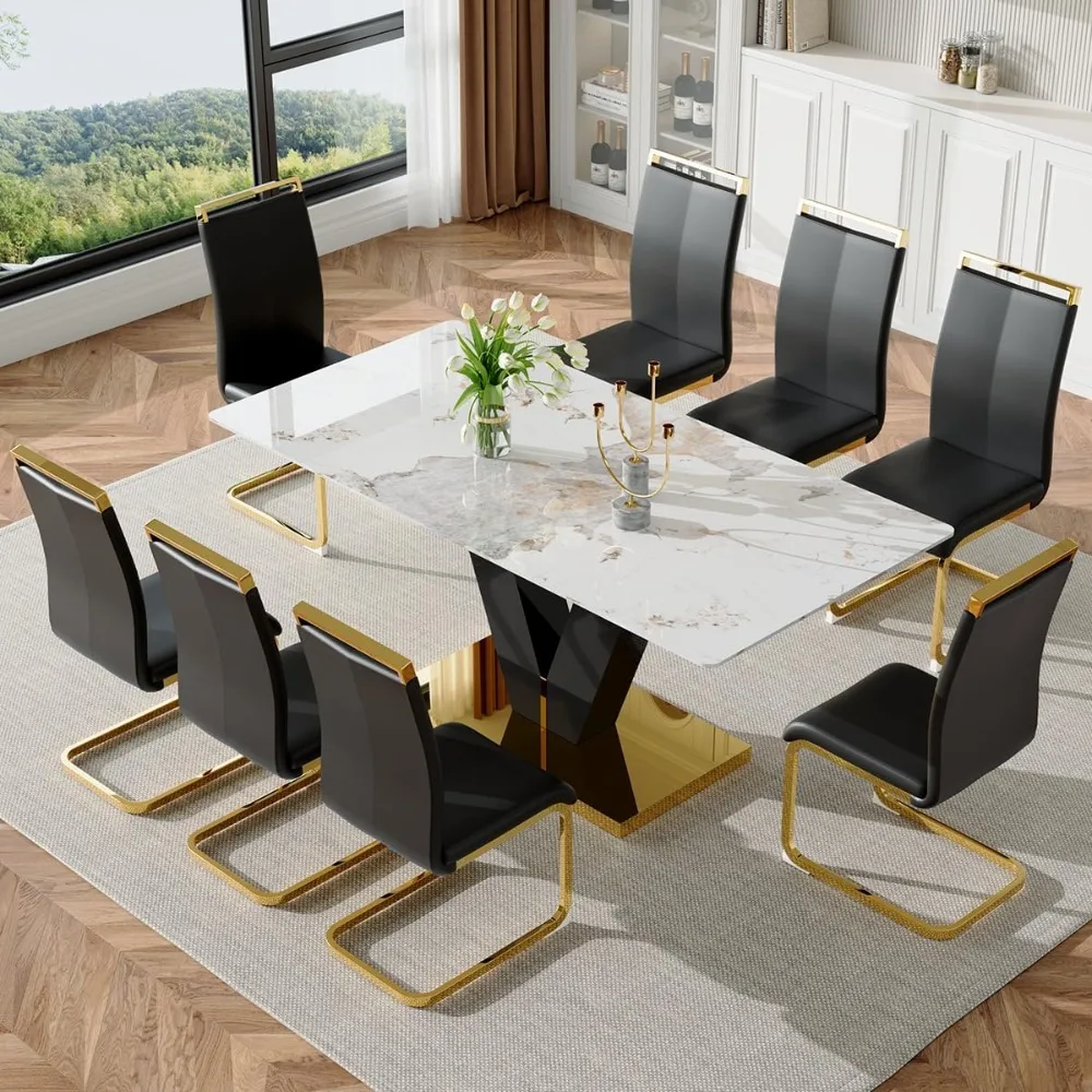 

71''9-piece Dining Table Set for 8,Marble Dining Table Set,Kitchen Tables with 8 PU Leather Chairs,Dining Table Set