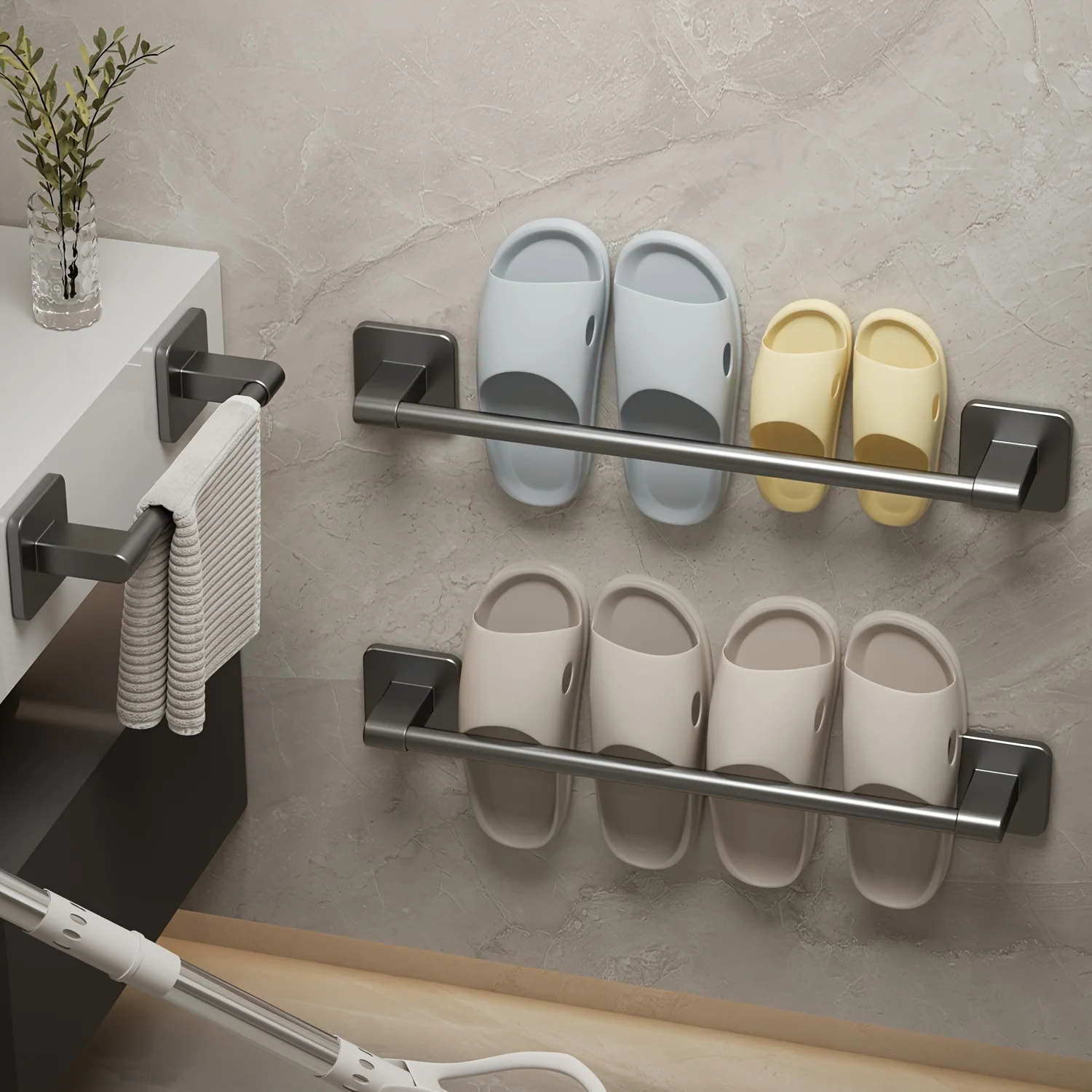 Bathroom Slipper and Towel Rack, Patch-Type Towel and Slipper Bar, Space-Saving Shoe Storage Rack Behind the Door