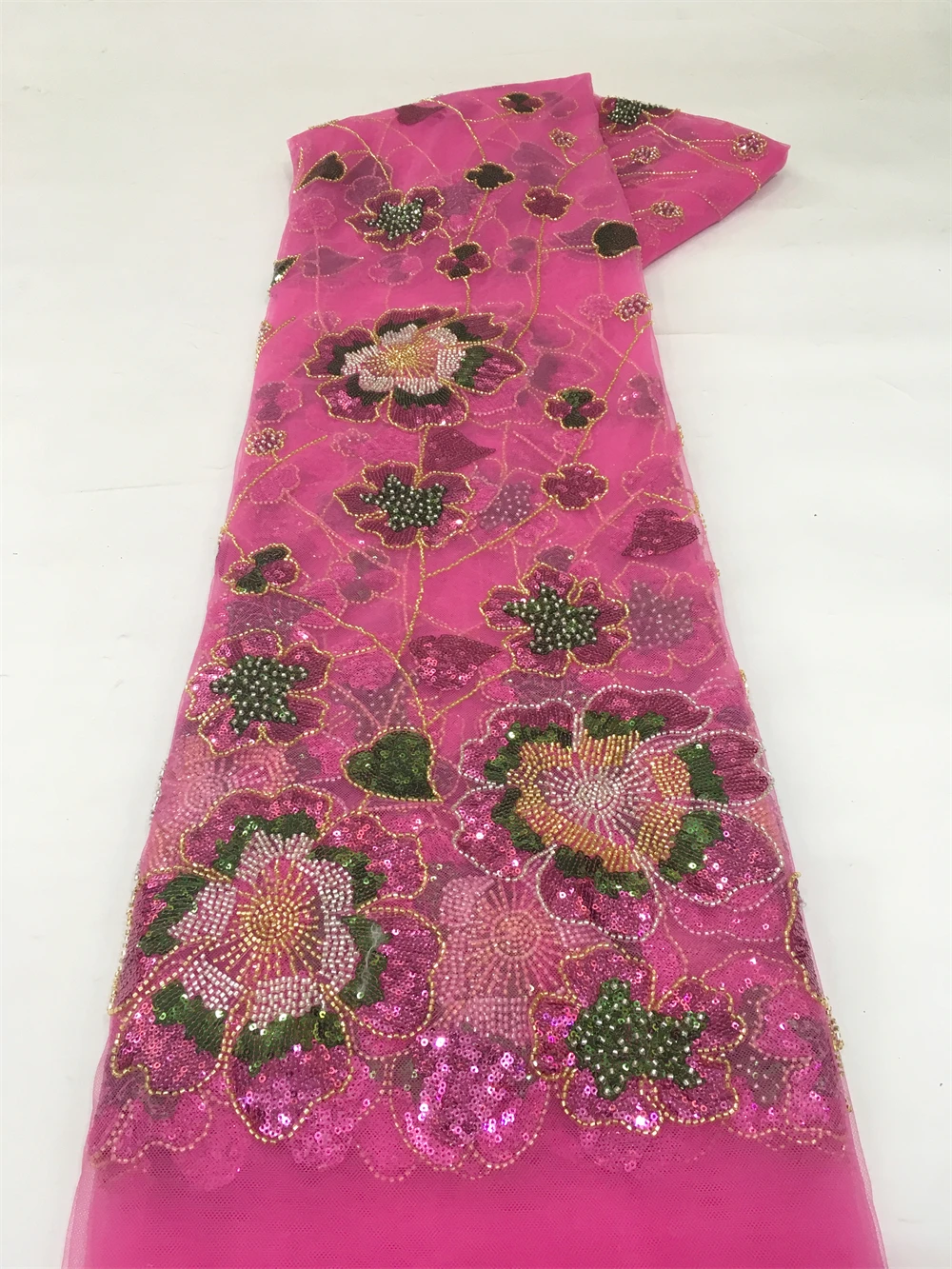 

Nigerian lace fabrics Beaded African Lace Fabric 5 Yards Tulle Mesh Sequins Embroidered for Weddings Party Dresses French Style