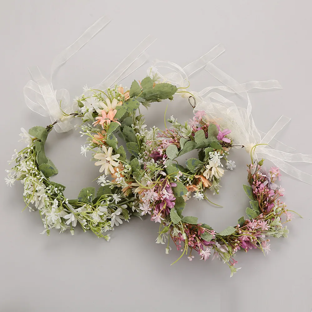 Handmade Flower Wreath Boho Crown Headband Women Wedding Party Tiara Garland Adjustable Girls Crown Headpiece Accessories