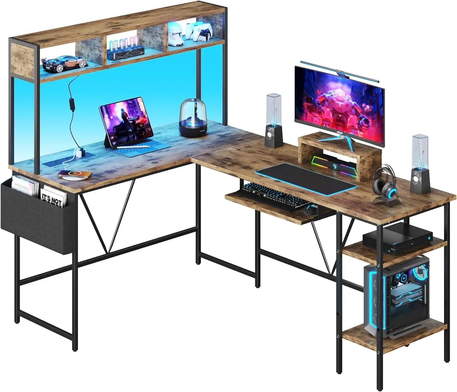 

Modern L-Shaped Computer Desk Table LED Lights, Power Outlet Storage Shelves Office Gaming Working Rustic Brown Home