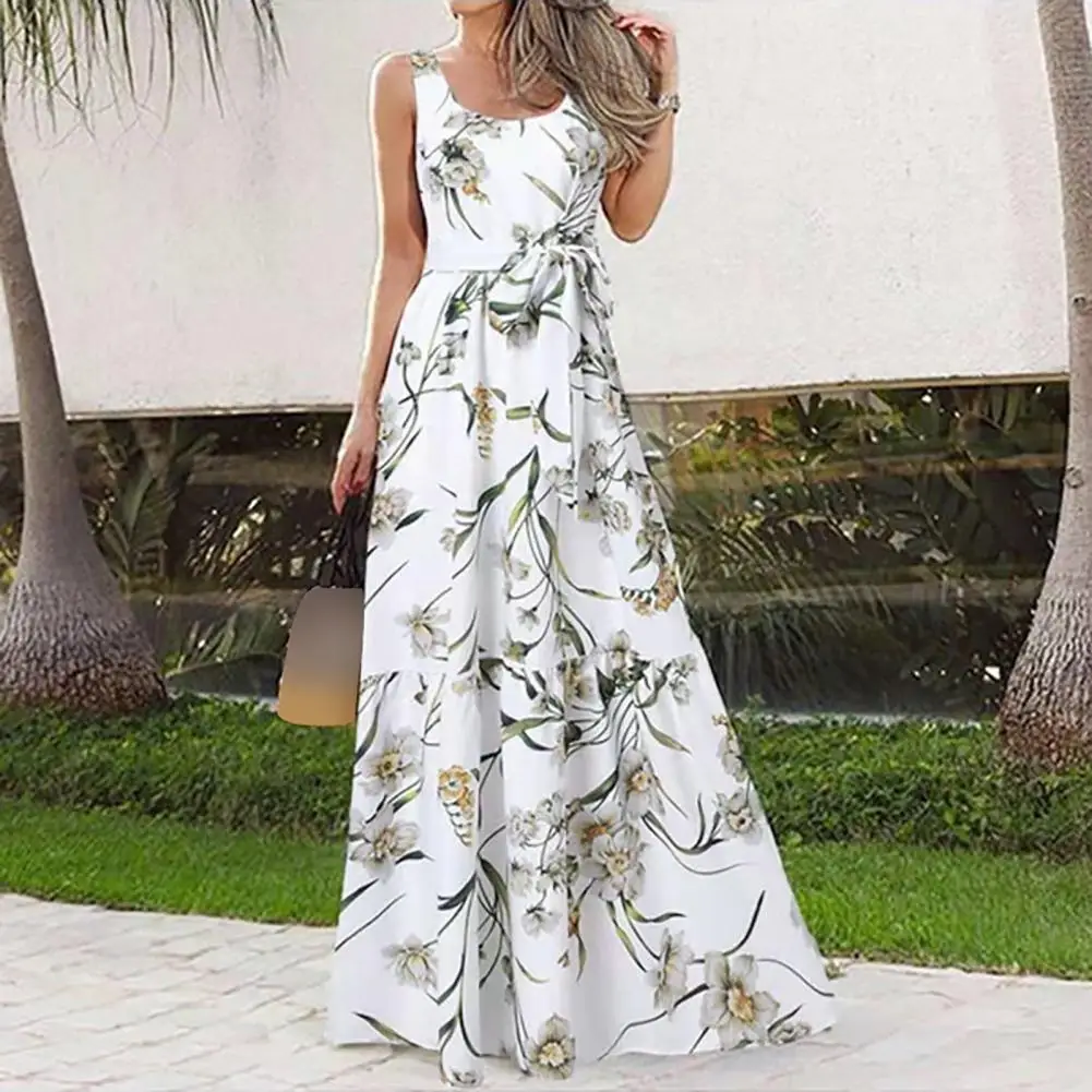 

Summer Bohemian Holiday Long Dress Celmia Floral Print Beach Dress Women Sleeveless Maxi Sundress Casual Loose Party Vestidos