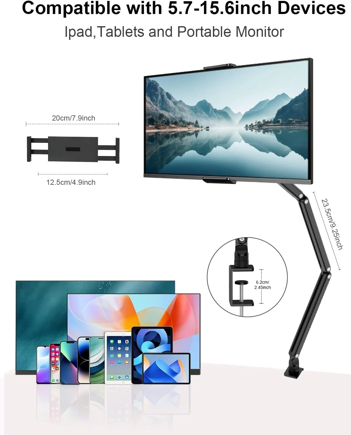 3Arm Aluminum Alloy Tablet Stand,Adjustable Arm Holder For Portable Monitor 4.7-15.6'' For iPad 10/9th, iPad 13/12.9/11''Series view 4