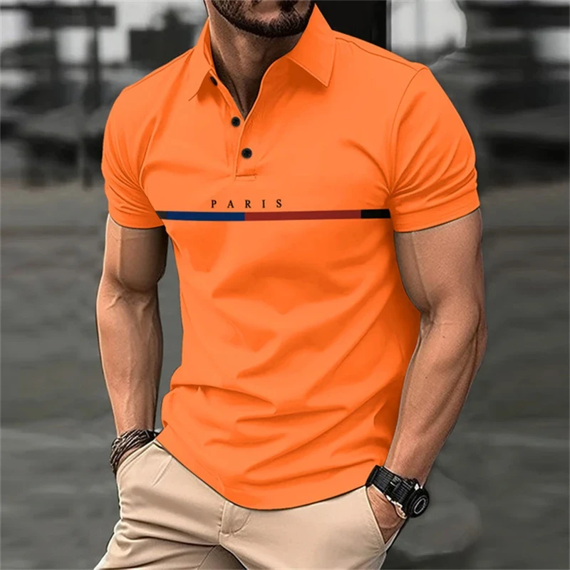 Camisa polo com letras estampadas masculina, botão casual, roupa de negócios respirável, blusa manga curta, moda divertida, verão