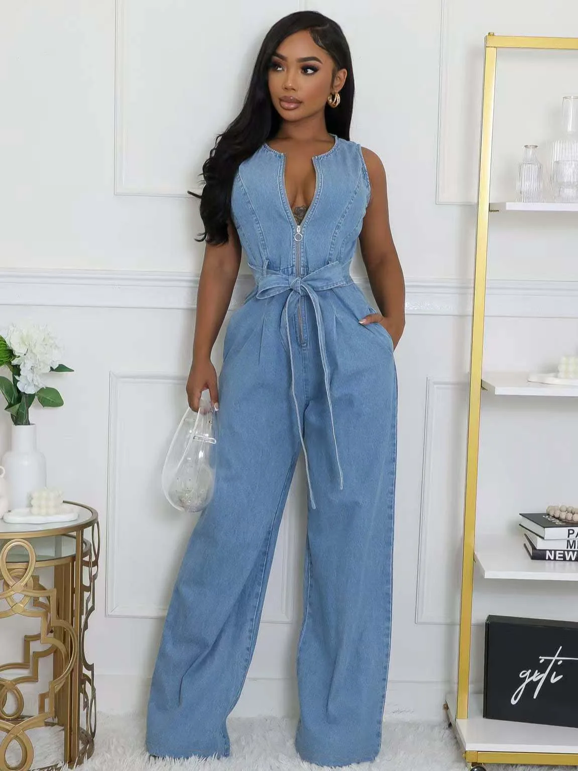 

Эластичный джинсовый комбинезон с высокой талией, прямой крой, повседневный, свободный, винтажный, широкий, из выстиранного денима