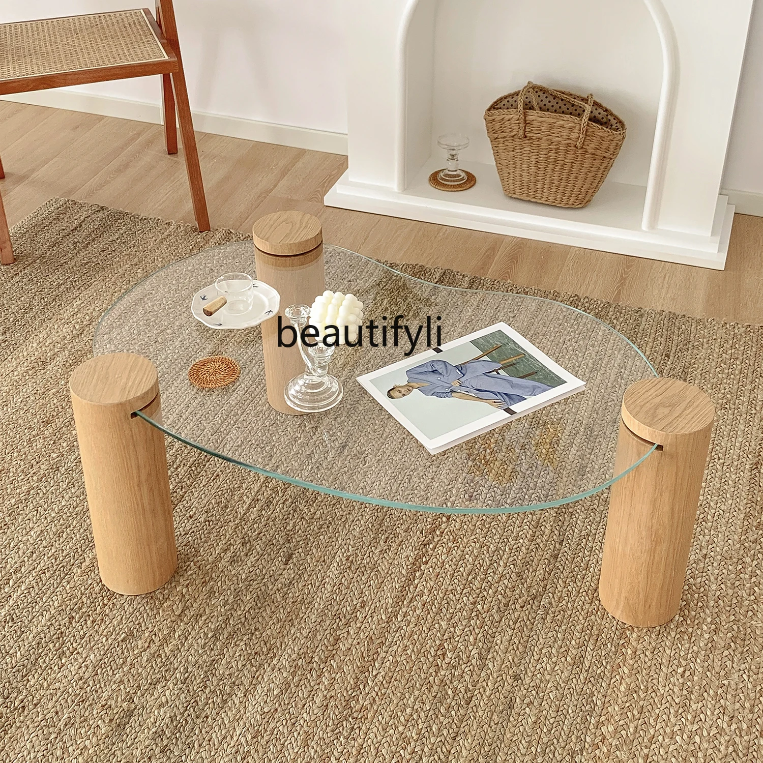 Simple Korean Style Cream Style Small Apartment Flat Curved Small Table Transparent Glass Tea Table