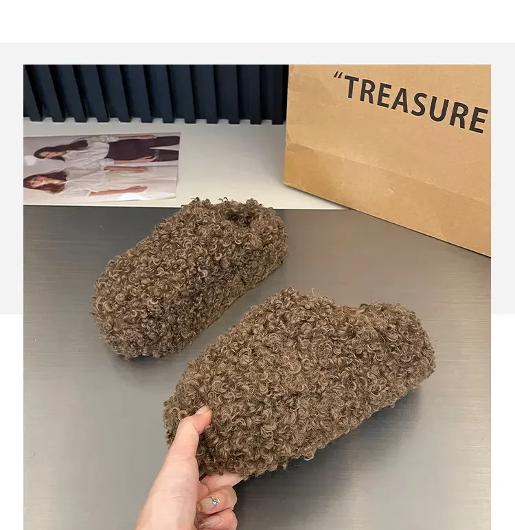 Thick Heel Luxury Lambwool Mules  Winter Shoes Woman Flip Flops Flat Cover Toe Slides Ins Warm Curly Lamb Fur Slippers Women