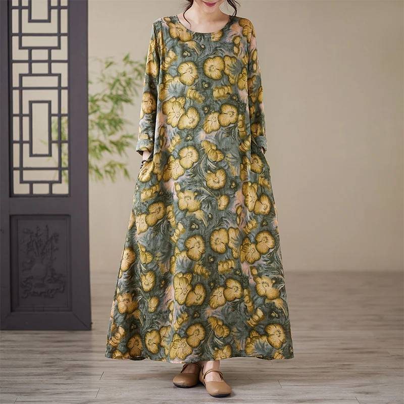 Loose Fit Long Sve Cotton Linen Print Maxi Dr Summer Vaion Dr round Ne plus Size Women's Dr Commute Sle