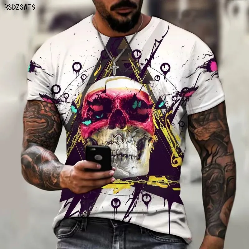 

Модные мужские футболки с принтом черепа, размер 6XL, большие размеры, с коротким рукавом, в уличном готическом стиле, с изображением скелета, мужские топы с круглым вырезом, повседневные футболки