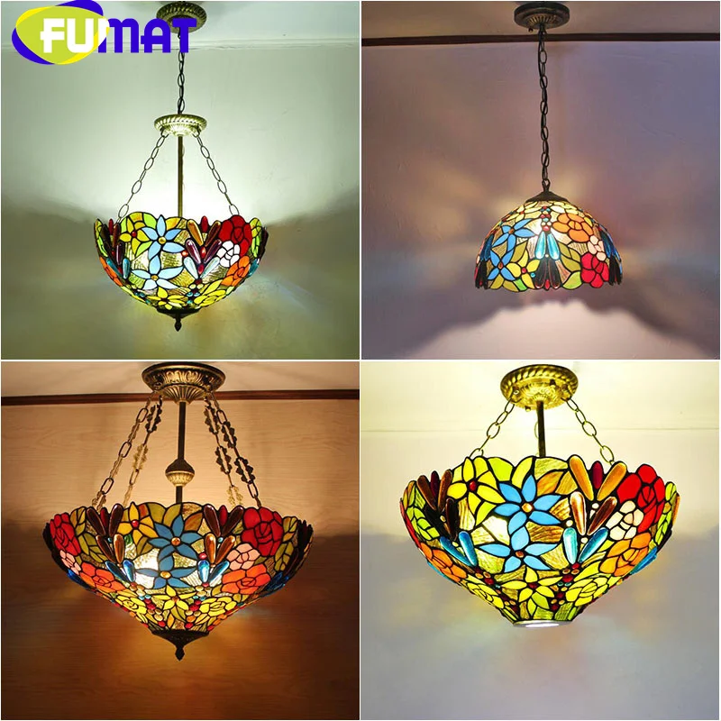 

FUMAT Tiffany style stained glass Garden raisin Rose bead upside-down pendant light Dining Living room Bedroom hallway LED decor