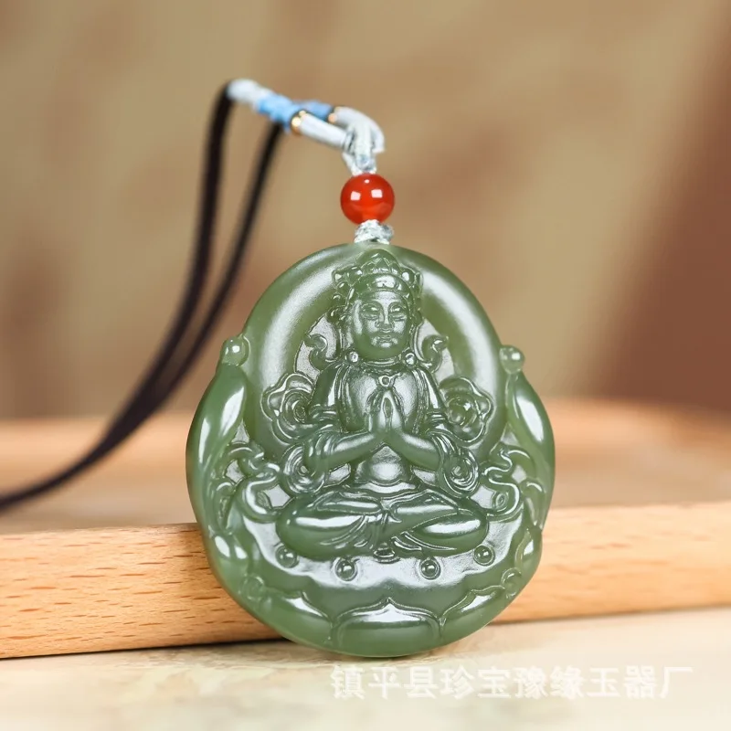 Natural Hetian Green Peace Guanyin Tara Men's Double-Sided Jade Pendant