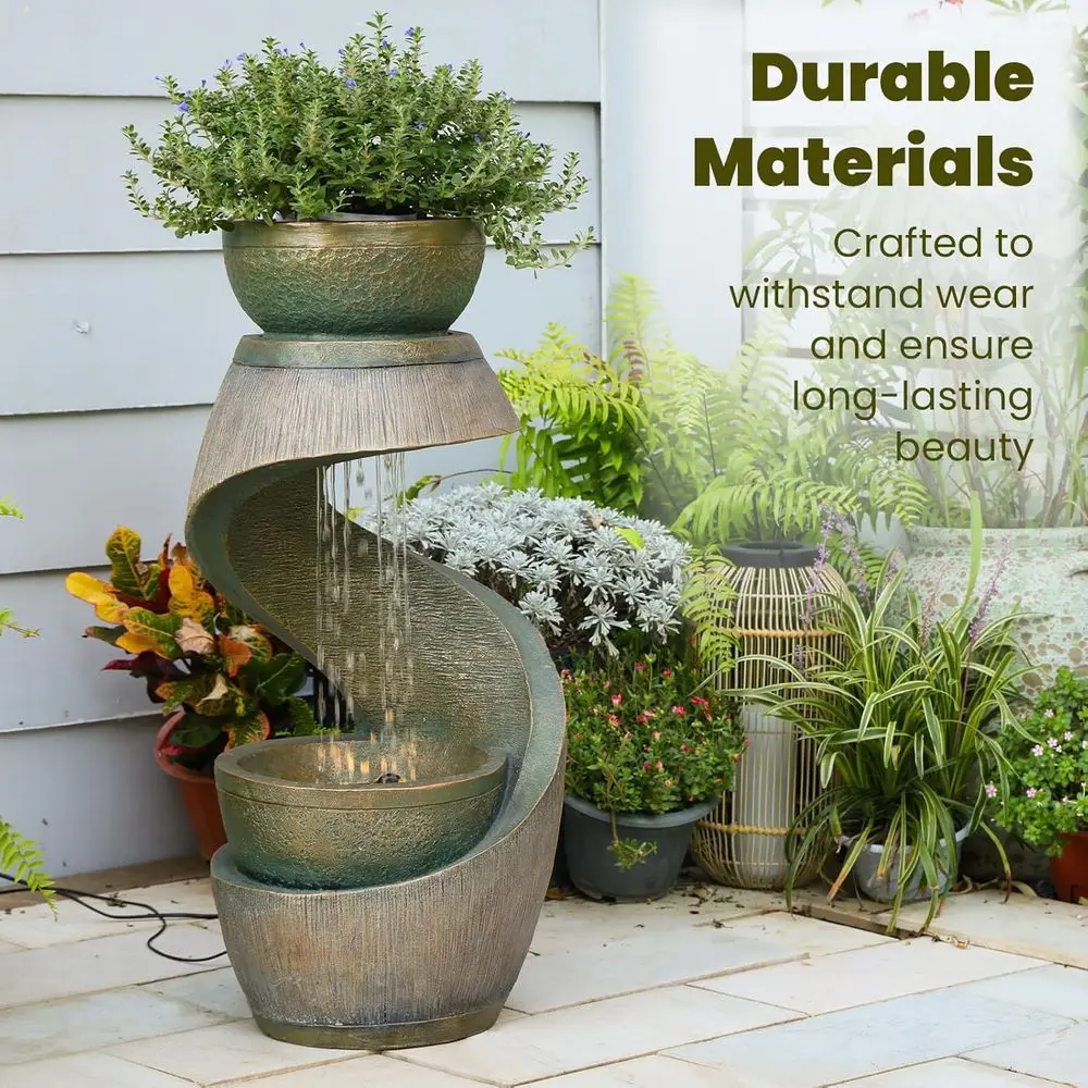 32 S-Shaped Outdoor Water Fountain with Planter Bowl | Outdoor or Patio, Balcony, Yard or Home Decor, Resin Waterfall