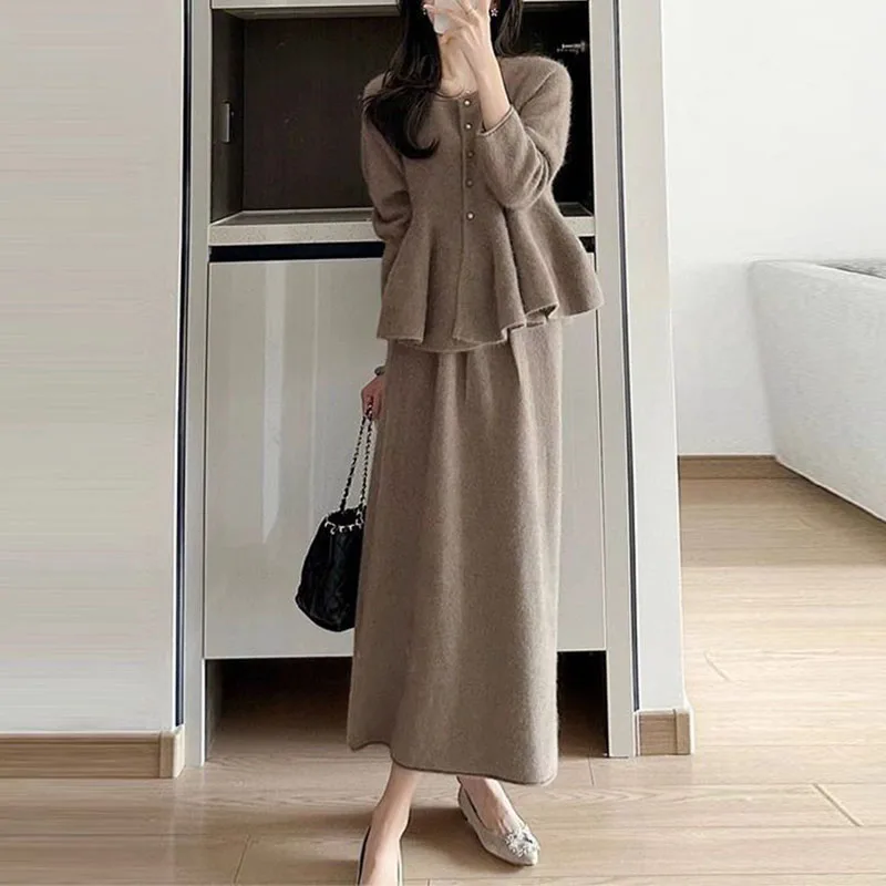 

Two Piece Winter Women Sets Fashion Chic Round Neck Single Breasted Long Sleeve Pleated Tops High Waist Knitted Elastic Skirt