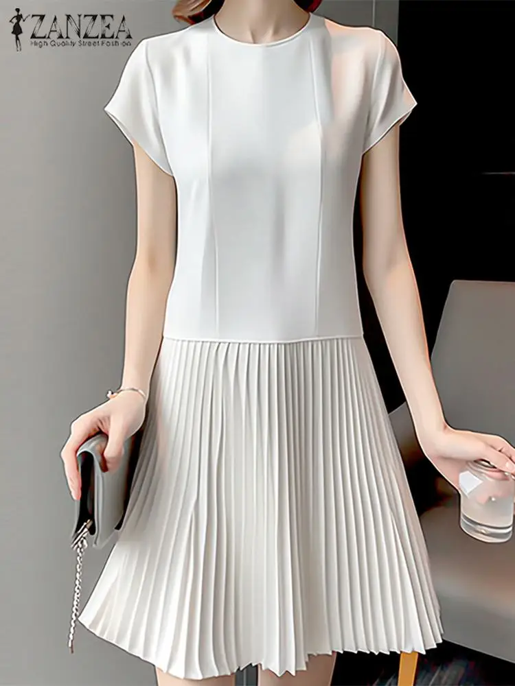 ZANZEA Elegant Short Sleeve Vestidos Women Pleated Long Dress Summer 2024 Solid A Line Midi Dresses Casual Round Neck Short Robe