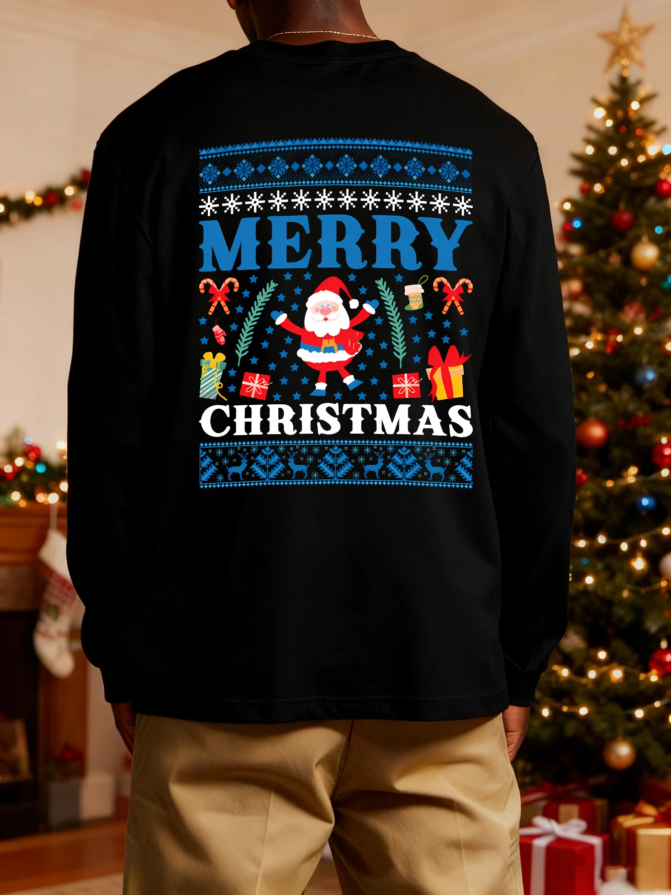 

Мужская футболка с длинным рукавом, подарок Санта-Клауса, конфет, подходит для праздничных вечеринок, семейных встреч, зимние повседневные топы