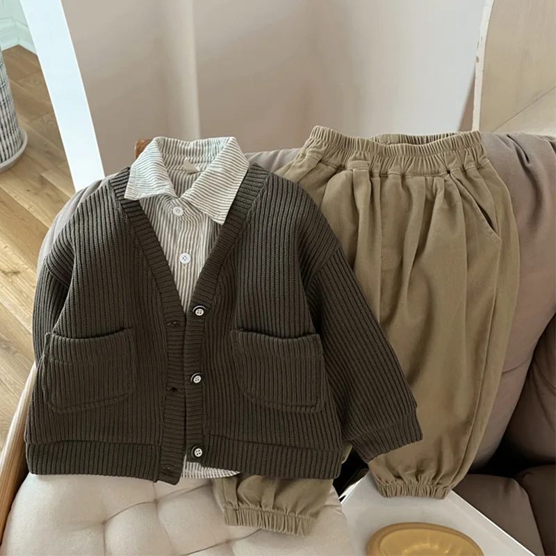 

Korean Spring Children Boy 3PCS Clothing Set Cotton Striped Shirt Solid Knitted Cardigan Coat Elastic Wasit Pant Baby Boy Outfit