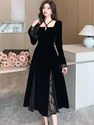 Autumn Winter Black Velvet Square Collar Sexy Dress Women Luxury Elegant Patchwork Lace Long Dress 2024 Korean Festival Dresses