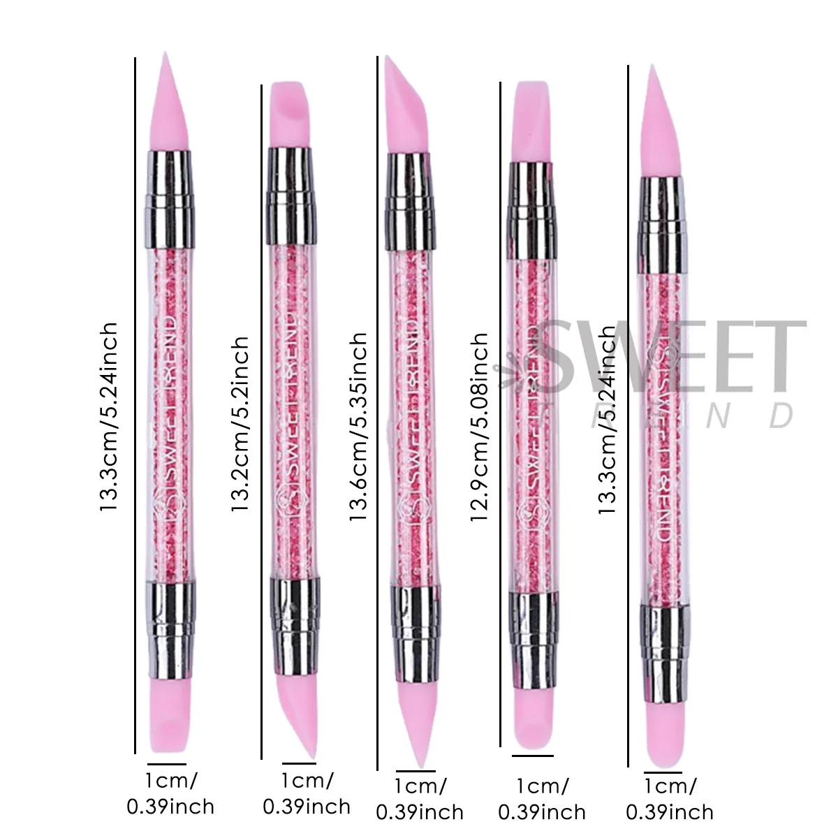 ปากกาซิลิโคนสองหัวสีชมพู 5 ชิ้น สำหรับปั้นเล็บ 3 มิติ วาดลายดอกไม้ แปรงทาสี ด้ามจับประดับเพชร อุปกรณ์ทำเล็บ