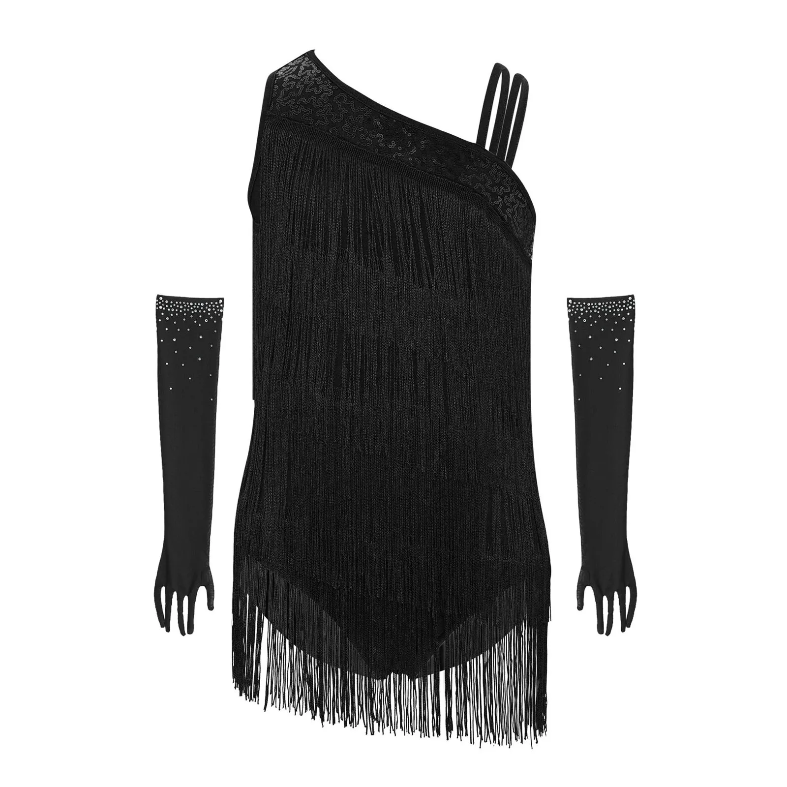 Kids Girls Ballroom Cha-cha Salsa Latin Dance Dress Sleeveless Asymmetrical Tiered Tassels Sequins Leotard with Gloves Outfit