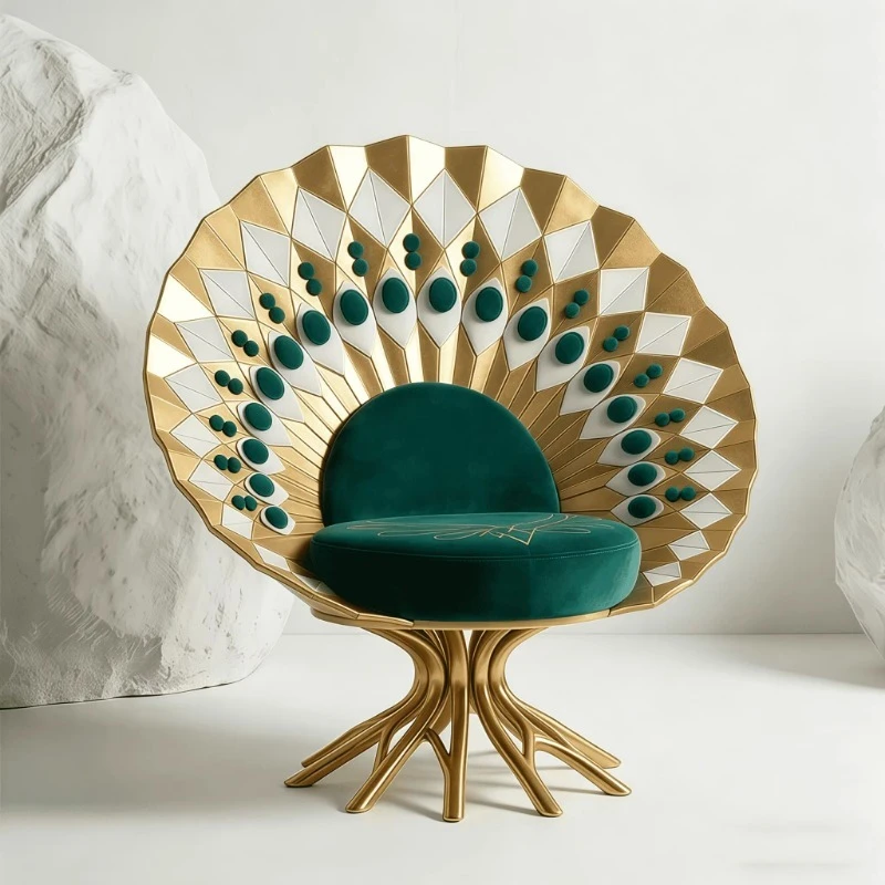 Deluxe Modern Peacock Arm Decorative Chair - Gold Frame Velvet Padded Lounge Chair for Living Room and Home Office