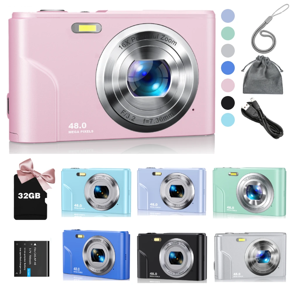 Digital Camera 1080P 48MP Autofocus Digital Camera for Beginners Video Camera with 32GB Memory Card 16X Digital Zoom Compact Cam