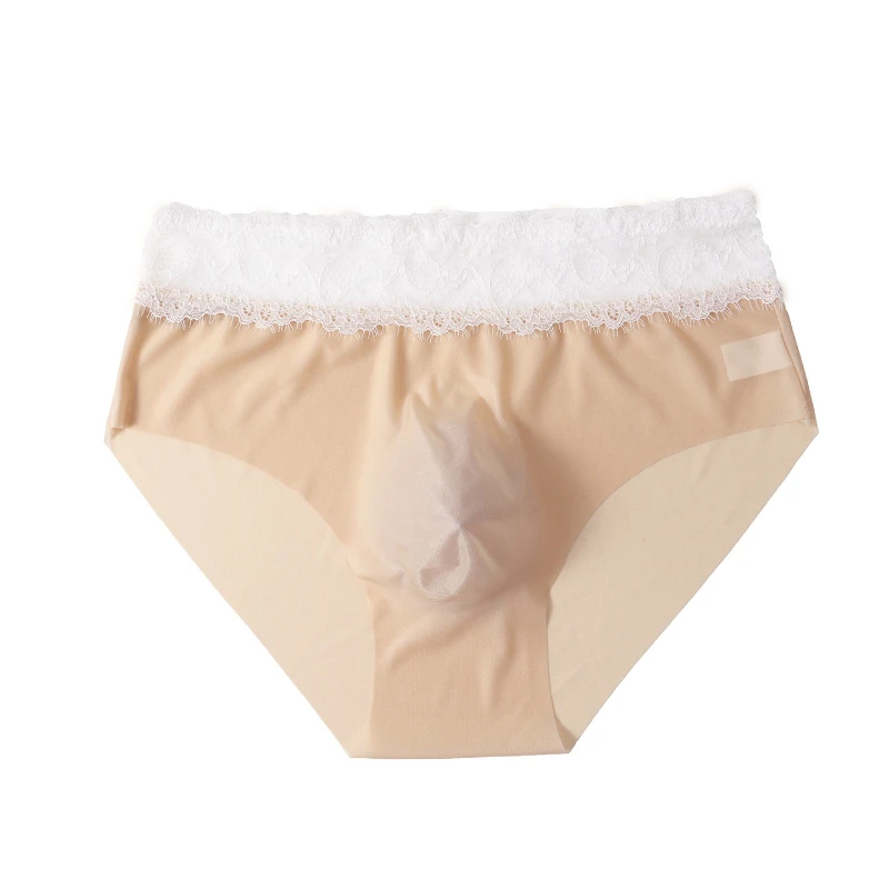 Men's Briefs Ice Silk Sexy Panties Lace Sissy Lingerie Bulge Pouch Traceless Underwear Elastic Quick-Drying Underpants