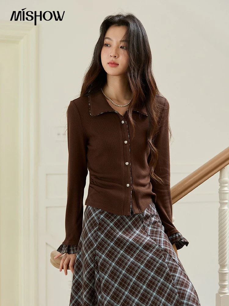 

MISHOW Women Cardigan Long Sleeve 2025 Autumn Contrast Color Plaid Knitted Cardigan Commuter Slim Fit Brown Tops MXE47T1410