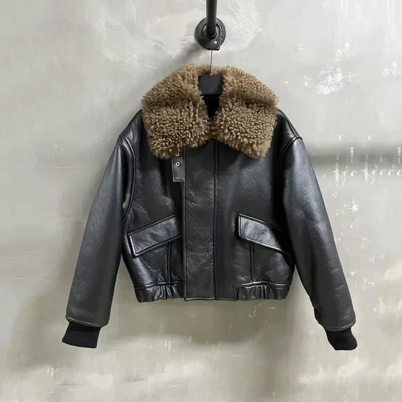 Natural Merino Real Sheep Fur Coat Women Winter Thick Warm Short Design with Genuine Wool Collar High-Quality Female Clothing